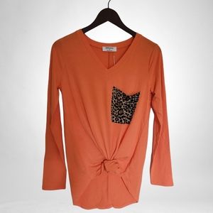 Leopard Pocket Vneck Top - Orange